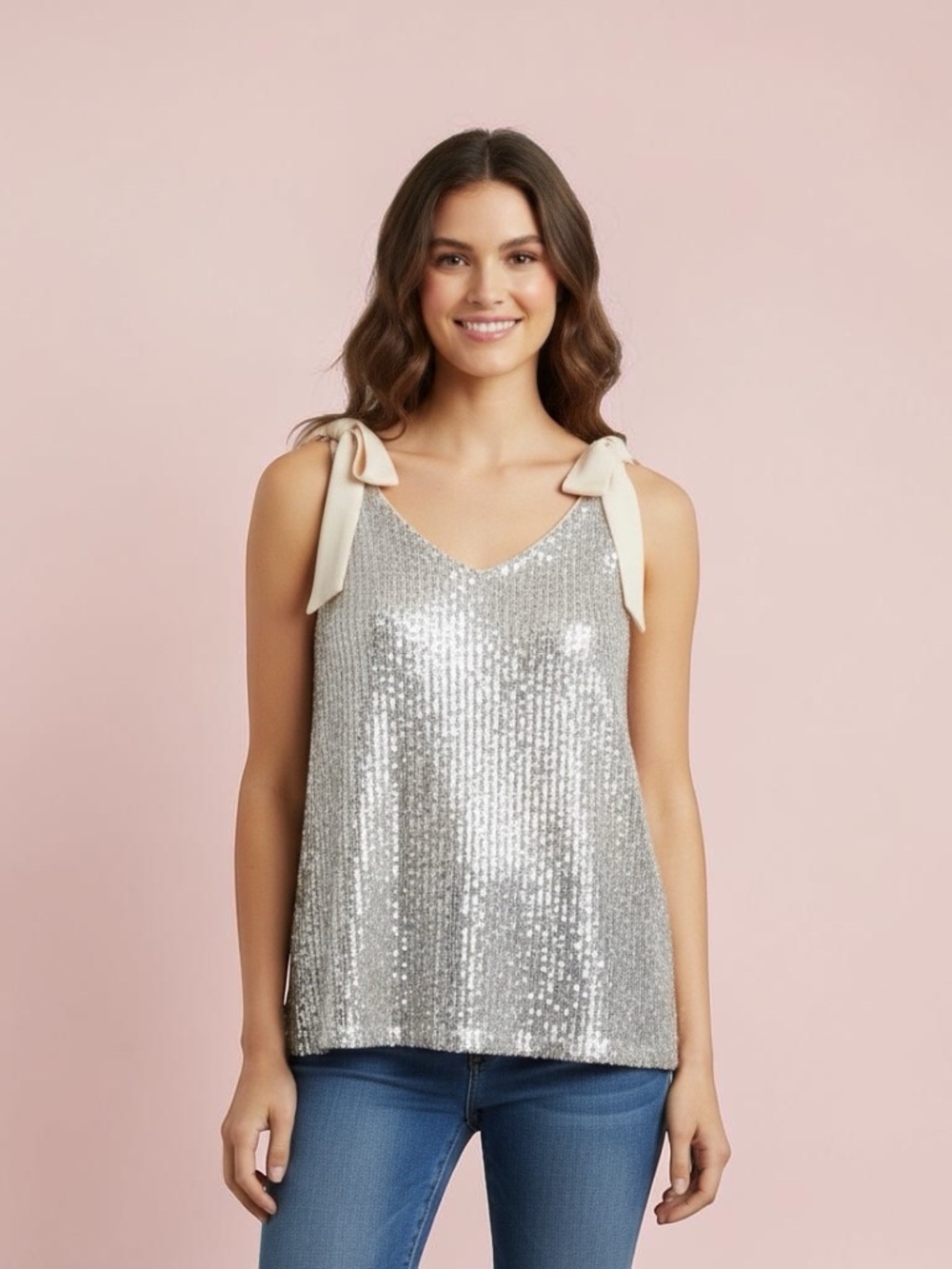 CeCe Champagne Sequin Tie-Shoulder Tank with Cream Bows